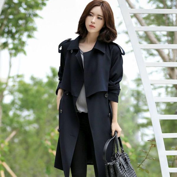 

women's trench coats casual women windbreaker 2021 autumn korean style medium long loose red black khaki coat female, Tan;black