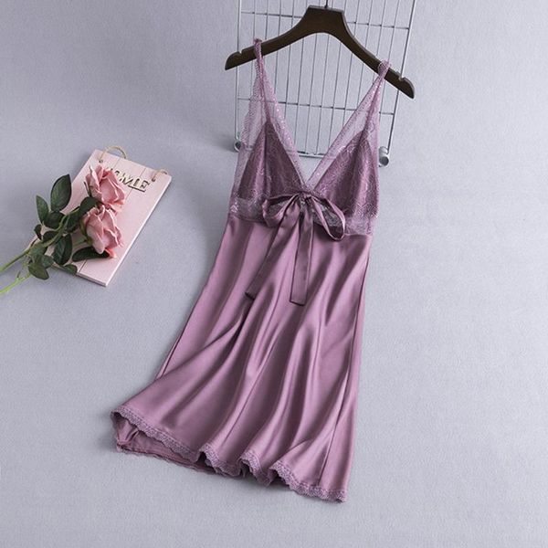 

women's sleepwear lace mini nightgowns solid ice silk summer v neck ladies sleeveless night dress satin thin bow nightie for female, Black;red