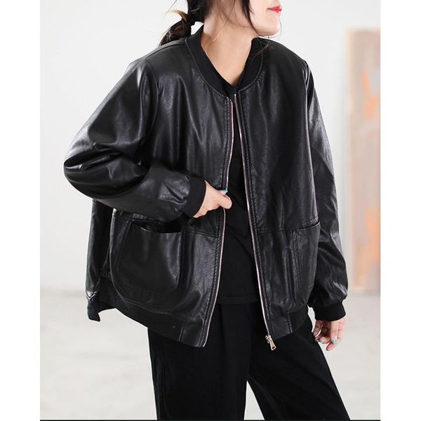 

women's leather & faux 21 women winter high street style solid color pockets loose zipper female wild pu coats fashion, Black
