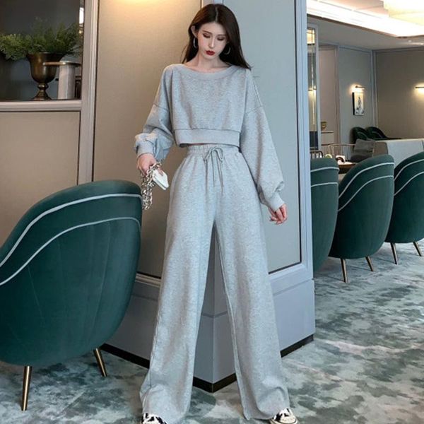

women's two piece pants spring and autumn fashion women's solid color round neck long sleeve short high waist drawstring wide leg c, White