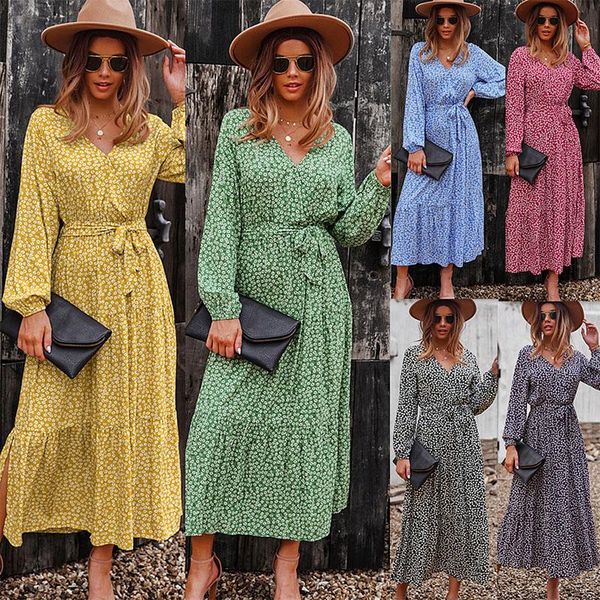 

casual dresses long sleeved dress 2021 autumn v-neck high waisted big skirt college style fashion printed belt mid length midi, Black;gray
