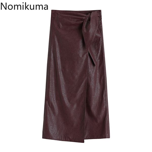 Nomikuma einteiliger PU-Leder-Frauenrock Fliege Stretch Hohe Taille Röcke Frühling Neue Sexy Split A-Linie Mujer Faldas 6D931 210427