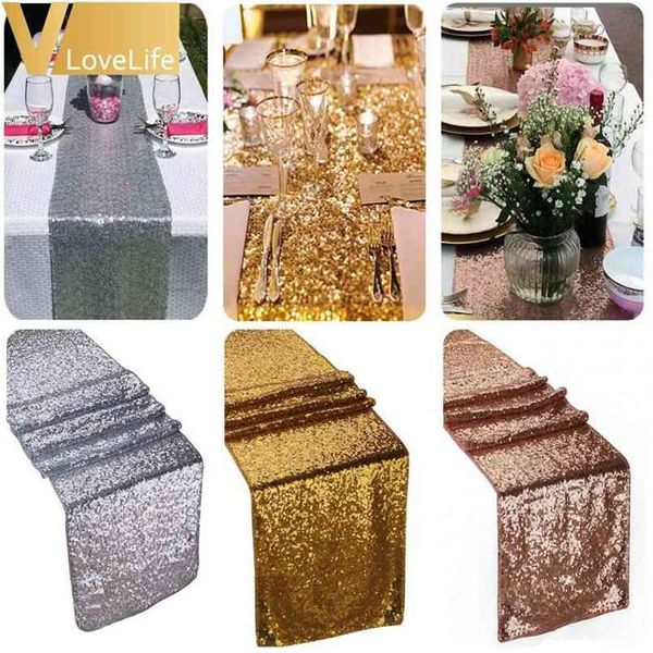 Sparkly Rose Gold Silver Sequin Table Runner Luxo Pano Retangular Capa Decoração Pano Para Valentim Do Casamento 210626