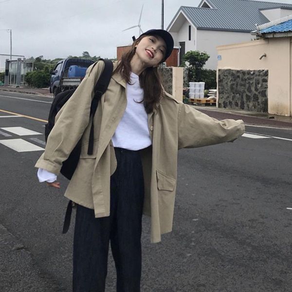 

women's trench coats #6018 grey khaki korean style coat for women windbreaker jacket slim casual woman with hood loose thin casaco, Tan;black