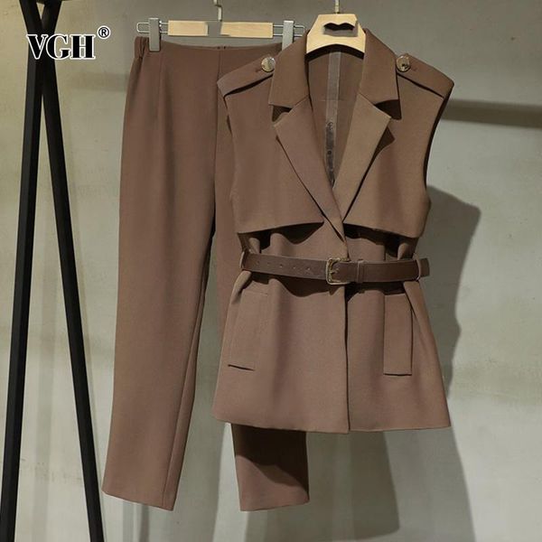 

women's two piece pants vgh brown suit for women loose pleated sashes lapel sleeveless high waist full length plus size sets female 202, White