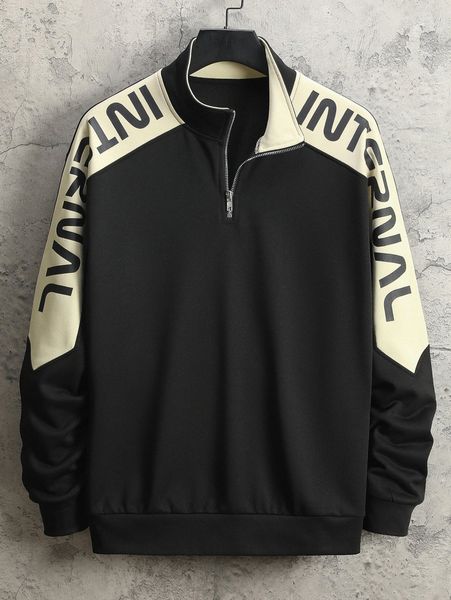 

men letter graphic colorblock quarter zip sweatshirt o5mb#, Black
