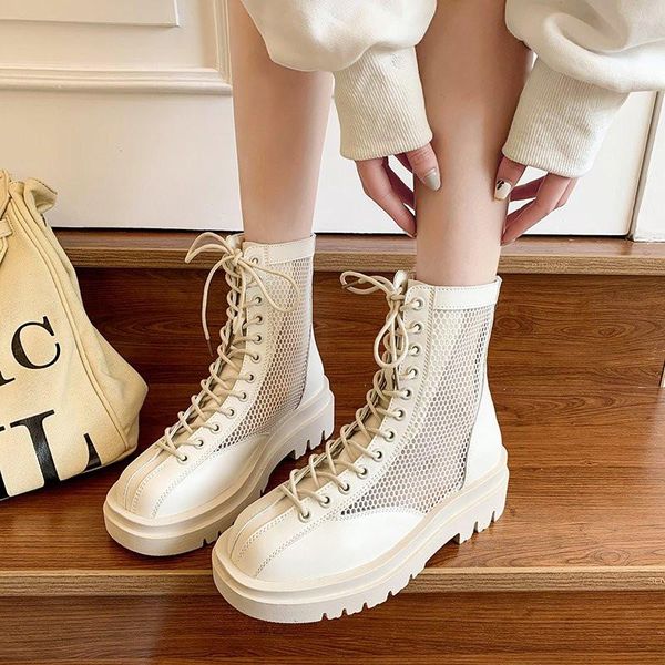 

boots 2021 british platform sandals soft leather bootes woman summer breathable ankle hollow out mesh women spring, Black