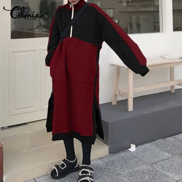 

dresses celmia women winter long sleeve sweatshirt casual turtleneck patchwork midi dress fashion pockets zipper split vestidos, Black;gray