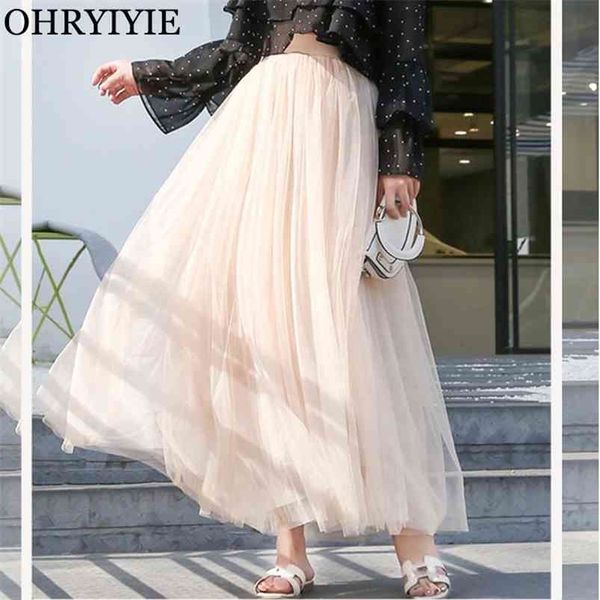 Ohryiyie maxi long tulle saia mulheres cintura alta bola vestido saias verão cintura elástica adulto tutu saias jupe longupe femme 210730