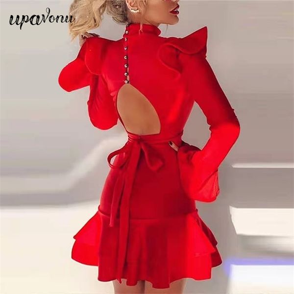 

red rayon bandage dress women's stand collar flare sleeve halter club night party mini vestido 210524, Black;gray
