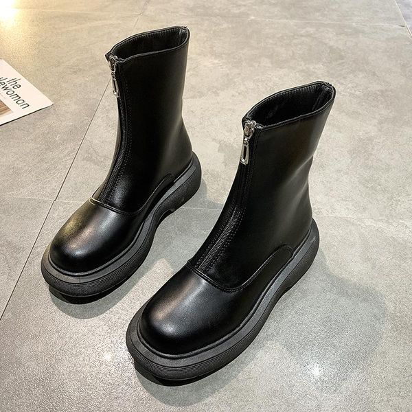 

boots women shoes 2021 winter big round toe front zipper women's short thick-heeled platform, Black