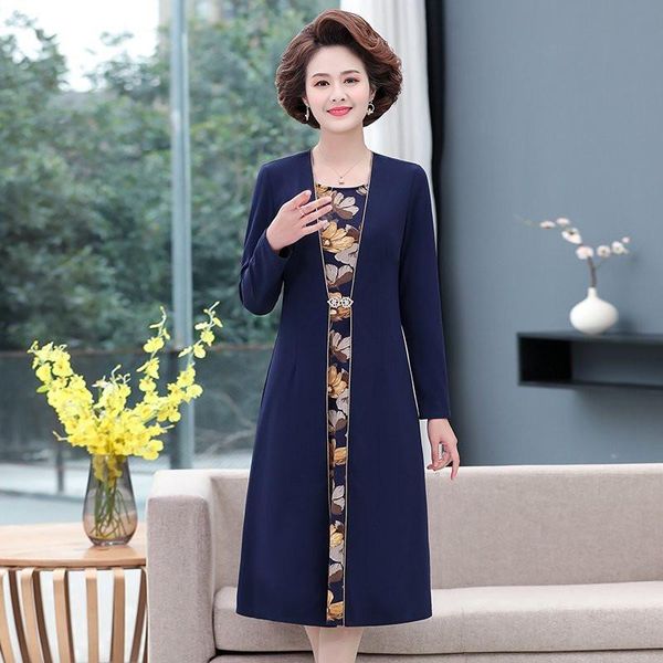 

casual dresses 2021 plus size women fake two pieces vestidos 5xl fashion elegant flower middle age mother party dress, Black;gray