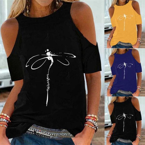 

women's t-shirt summer skew collar tees casual dragonfly print fashion women ladies plain solid short sleeve t-shirts strapless, White