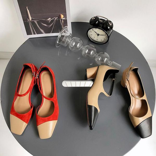 

style with women's sandals square head stitching color matching leather shoes thick elegant ladies, Black