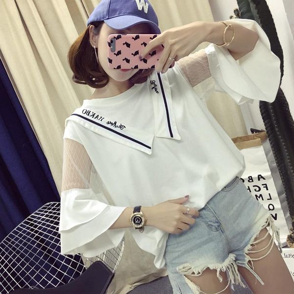 

spring and summer vogue t shirt fashion t-shirt female mesh stitching loose short sleeves in s woman clothing tide 2021 women's, White