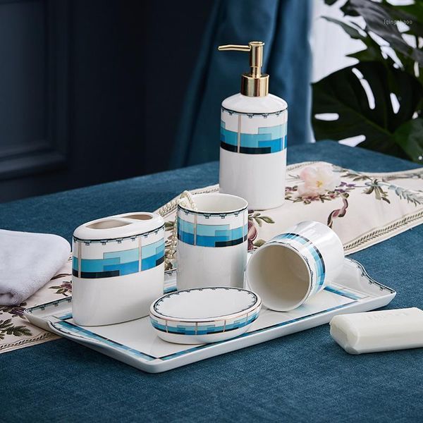Set di accessori da bagno Griglia blu Bagno in ceramica Toilette Completo Portaspazzolino Dispenser per lozione Portasapone Accessori per tazze da denti