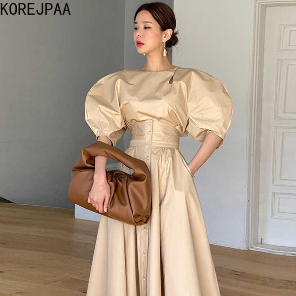 

korejpaa women dress sets korea chic o-neck hollow side button bubble sleeve shirt and high waist single-breasted long skirt 210526, White