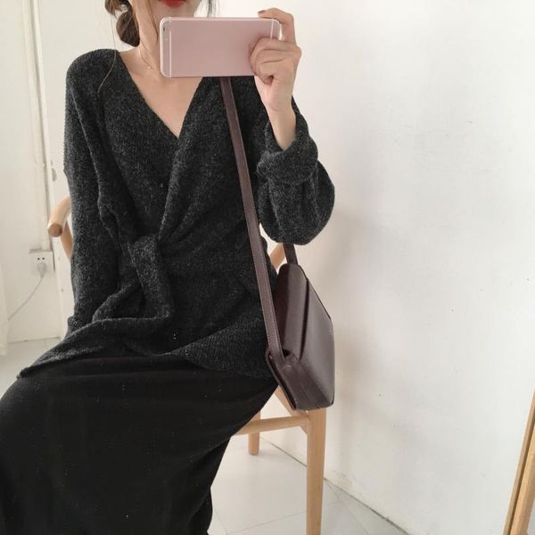 

women's sweaters autumn women oversized sweater pullovers 2021 knitted pullover lace up jumper korean v neck simple knitwear, White;black