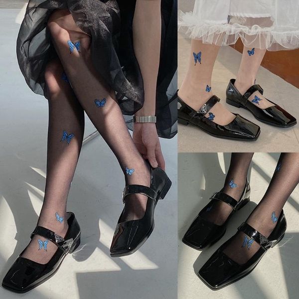 

socks & hosiery women girls blue butterfly print pantyhose summer see-through ultra-thin silky tights japanese lolita sweet seamless stockin, Black;white