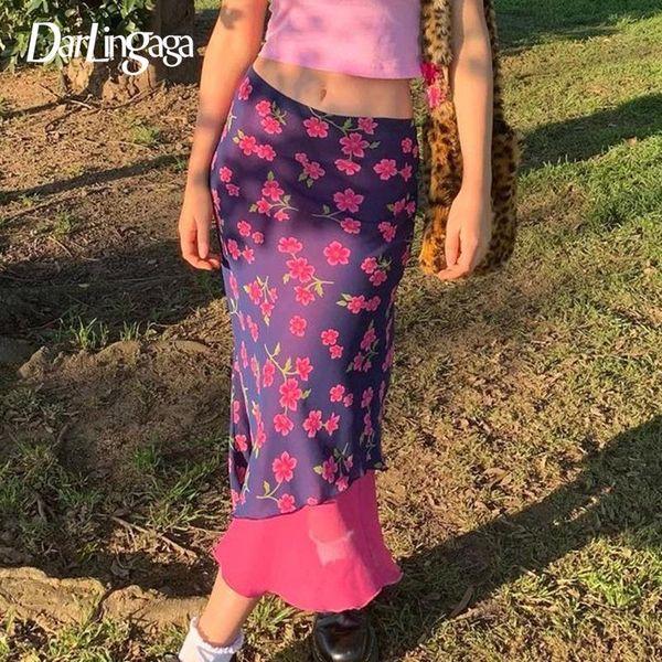 

darlingaga y2k aesthetic chiffon long skirt asymmetrical harajuku floral printed summer vintage woman skirts low waisted, Black