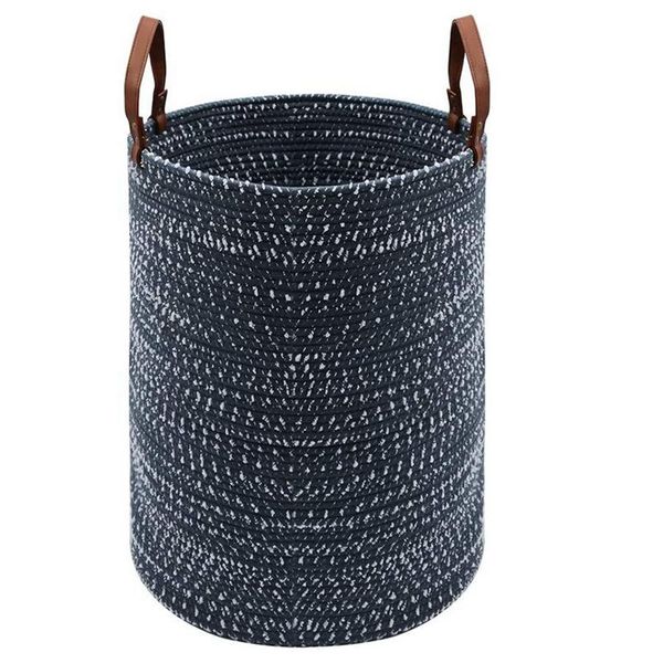 

laundry storage basket,collapsible cotton rope woven basket with leather handles for storing clothing, diapers,toys & organization