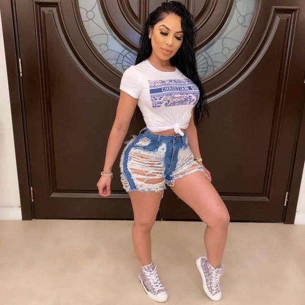 

spring and summer 2021 new stretch holed shorts pants women's jeans, White