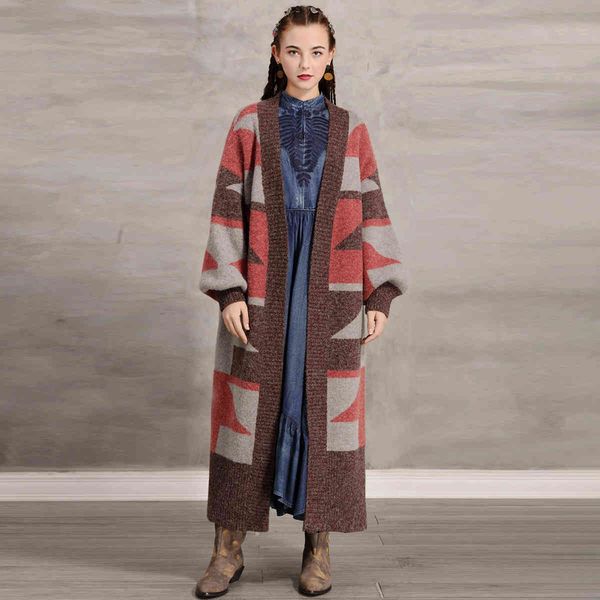 

knits winter women wool loose lantern sleeve long sweater cardigan outerwear retro jacquard thick warm overcoat ll1r, White