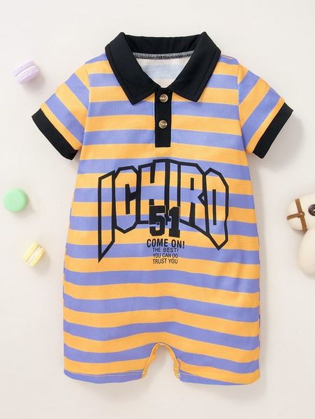 

baby striped & slogan graphic polo neck romper she, Blue