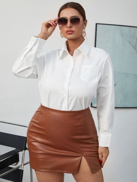 

plus pocket patched solid blouse v45f#, Black