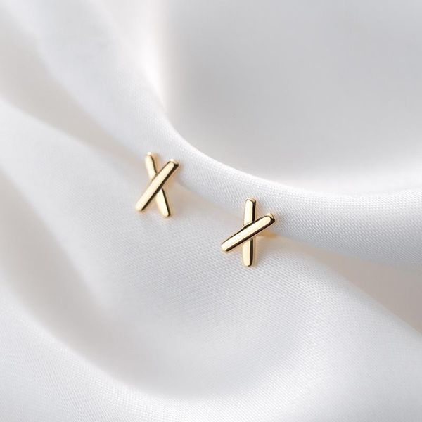 

stud simple 925 sterling silver minimalist mini girl birthday gift korean cross earrings for fashion women wedding jewelry, Golden;silver