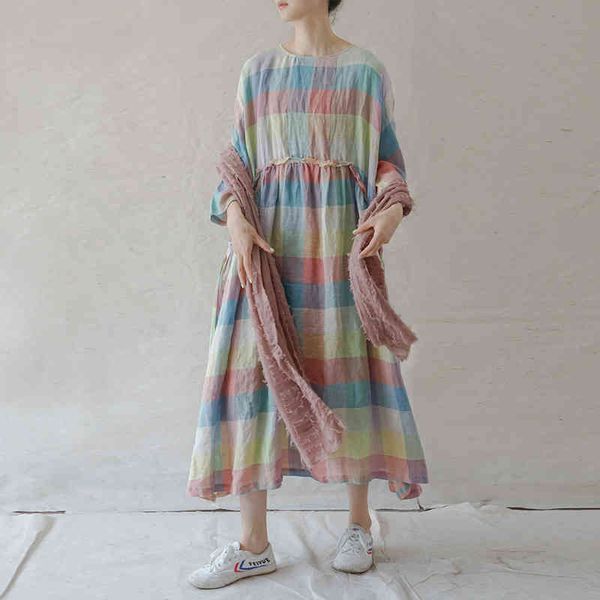 

johnature women plaid dress o-neck bat sleeve robes vintage summer linen original female clothes plus size long dress 210521, Black;gray