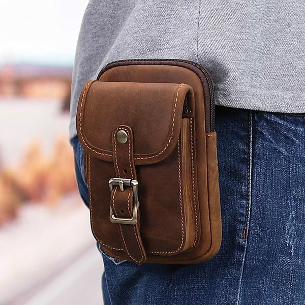 

men's genuine leather waist pack wearable belt slung mobile phone bag vintage hiking small man's fanny bags