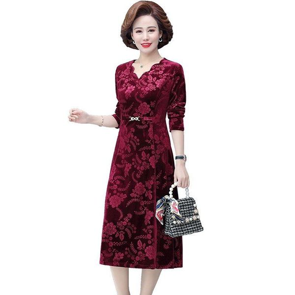 

casual dresses elegant winter velvet dress women jacquard v neck long sleeves autumn french vintage red blue calf length vestidos, Black;gray