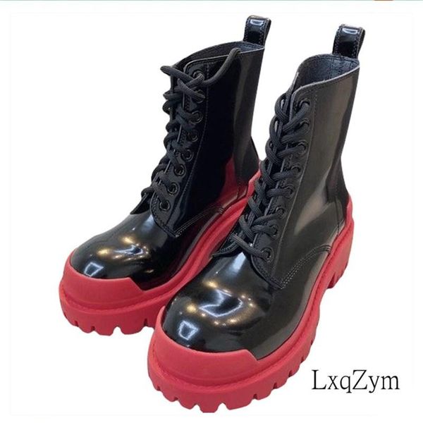 

boots street style women's ankle shoes patent leather winter warm oxfords lace up female platform riding motorcycle, Black