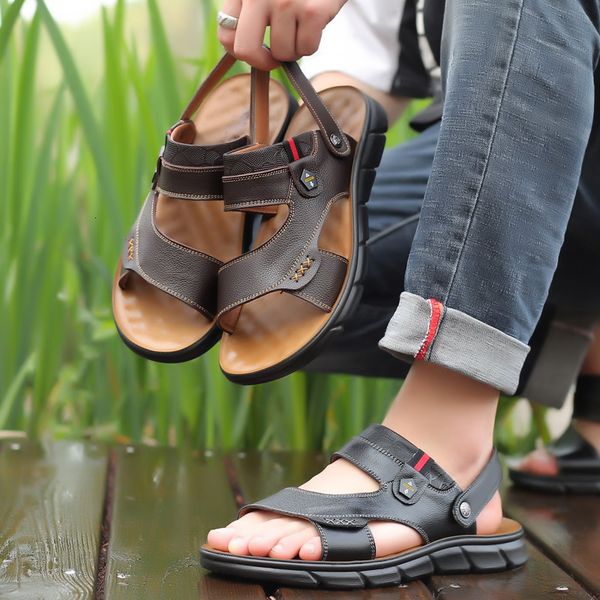 

sandals chinelo de couro para homens, sandÃ¡lias rasteirinhas respirÃ¡veis o ar livre e praia, moda interna, 3y66, Black