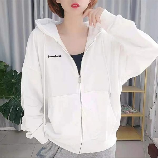 

autumn women's chest small fish embroidery hooded cardigan 1163, Black