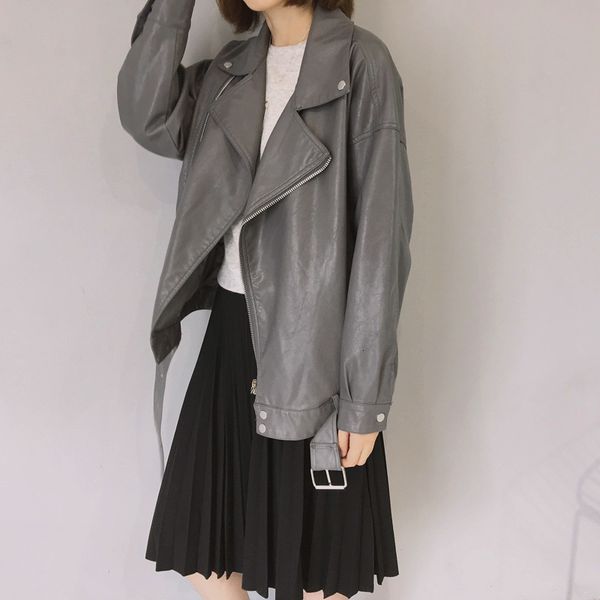 

women's leather & faux women of the fake leather with a belt motorcycle jackets and black fashion loose spring woman streetwear jacket
