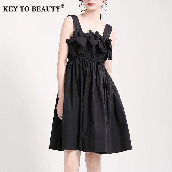 

casual dresses key to beauty women pleated black dress spaghetti strap high waist bow loose elegant slim design 2021 summer fashion ktb317, Black;gray