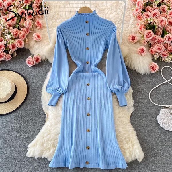 

casual dresses syiwidii knitting dress for woman fall 2021 korean fashion long lantern sleeve half high collar slim sweater midi, Black;gray