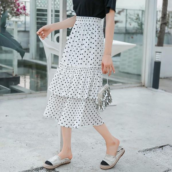 

skirts jibaiyi elegant ruffle irregular dot women chiffon skirt bohemia holiday female elastic waist midi casual pleated, Black