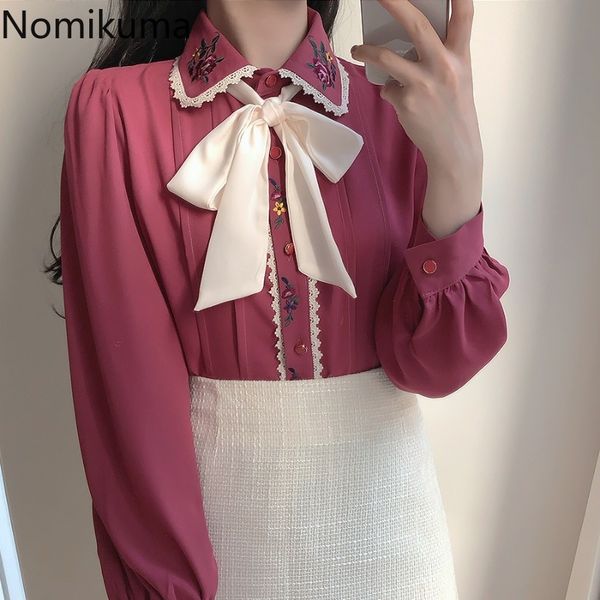 

nomikuma floral embroidery long sleeve shirt blusas femme bow lace up single breasted sweet blouse autumn arrival 3d310 210514, White