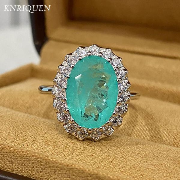 

cluster rings 925 sterling silver 10*14mm oval paraiba tourmaline aquamarine blue stone for girlfriend sparkling lab diamonds jewelry, Golden;silver