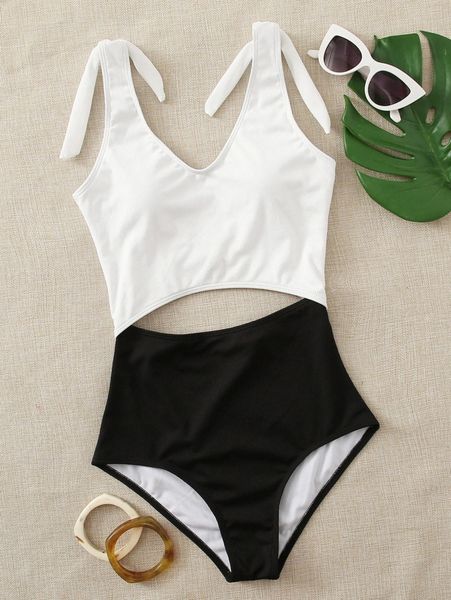 

two tone rib cut-out one piece swimsuit n5rf#, White;black