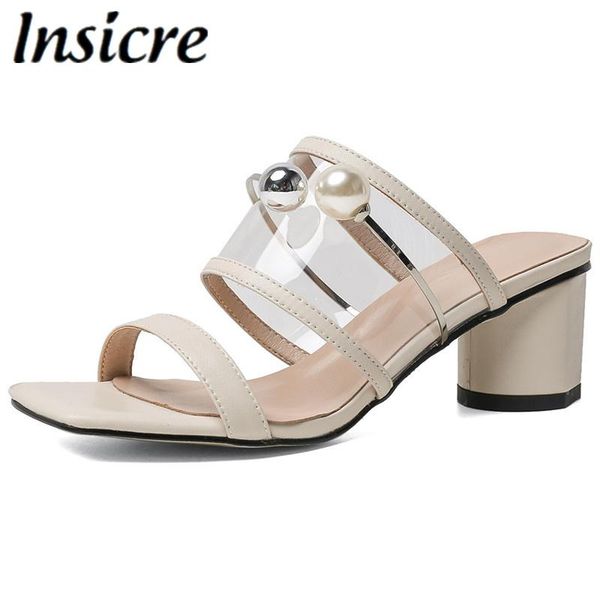 

sandals insicre fashion square toe thick high heels slippers summer women metal cow leather transparent pearl party shoes, Black