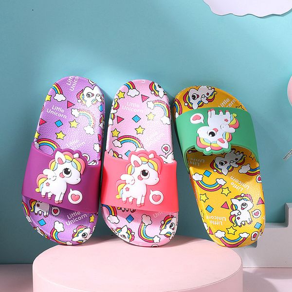 

unicorn kids slippers new summer rainbow boys girls slippers pvc non-slip children beach shoes baby home sandals kids flip flops, Black;red