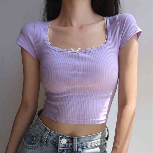 

women square neck short sleeve rib t-shirt crop 210623, White