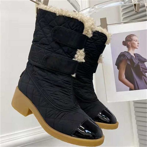 

boots wool leather med heel snow slip on mixed colors round toe belt buckle mid calf winter short brand design women shoes, Black
