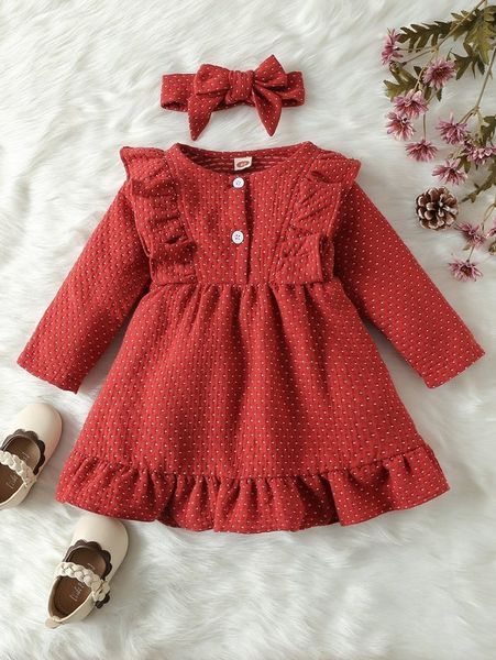 

baby dot embroidery ruffle trim dress with headband she, Red;yellow