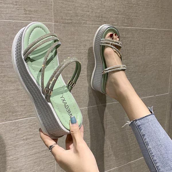 

shoes slippers flat platform med increased internal slides fashion string bead slipers women luxury 2021 scandals basic pu, Black
