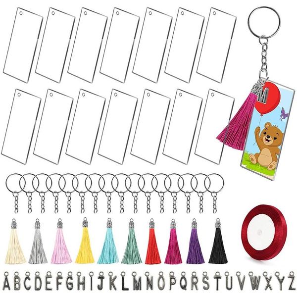 

keychains acrylic clear circle set rectangular keychain blank decoration metal letter decorationtassel pendant jump rings for diy, Silver
